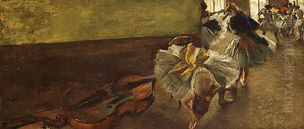 Dancers in the Rehearsal Room with a Double Bass Oil Painting by Edgar Degas