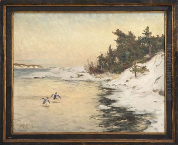 Vinterlandskap Med Grasandspar, Signerad Och Daterad Rolf Mellstrom 1933 Oil Painting by Rolf Mellstrom