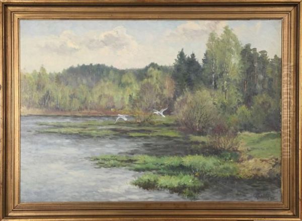 Landskap Med Masar, Signerad Rolf Mellstrom 1941 Oil Painting by Rolf Mellstrom