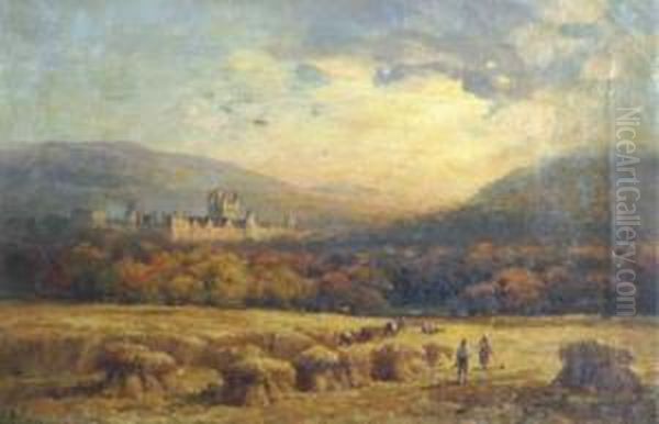 View Of Balmoral Castle With Figures Harvesting In Theforeground Oil Painting by Andrew Melrose