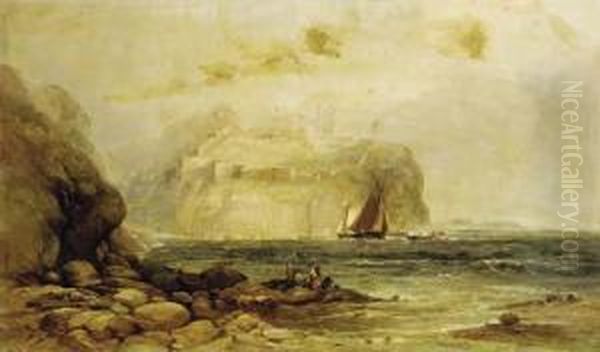 A Coastal View With Figures On The Rocks In The Foreground And Acastle Beyond Oil Painting by Andrew Melrose