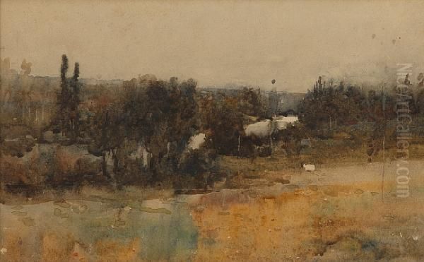 River Landscape, Probably Grez Sur Loing Oil Painting by Arthur Melville