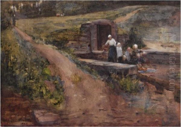 Washerwomen At Gres Oil Painting by Arthur Melville