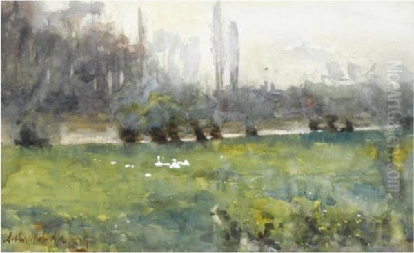 Swans In A Meadow Oil Painting by Arthur Melville