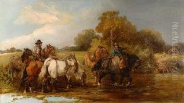 Shire Horses And Drovers Crossing A Ford Oil Painting by Harden Sidney Melville