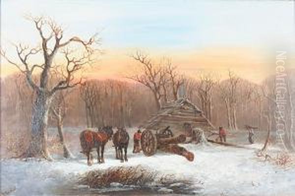 Woodcutters And Horses In A Winter Landscape Oil Painting by Harden Sidney Melville