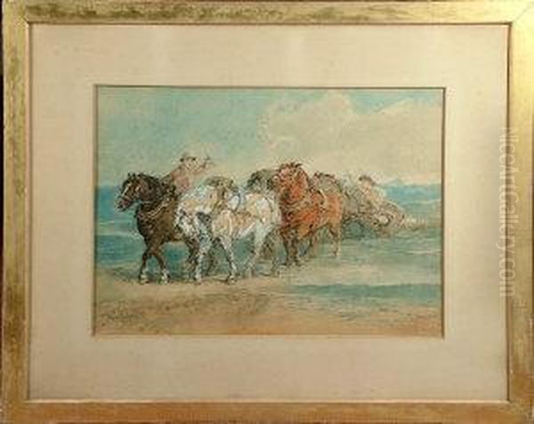 Two Men Employing Horses To Salvage Spars From A Shipwreck Oil Painting by Harden Sidney Melville