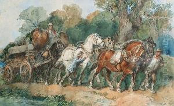 A Team Of Horses Pulling A Cart On A Country Lane Oil Painting by Harden Sidney Melville