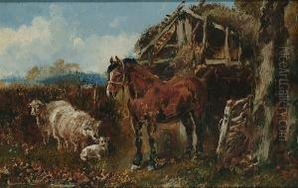 A Chesnut Horse And Sheep Before A Stable Oil Painting by Harden Sidney Melville