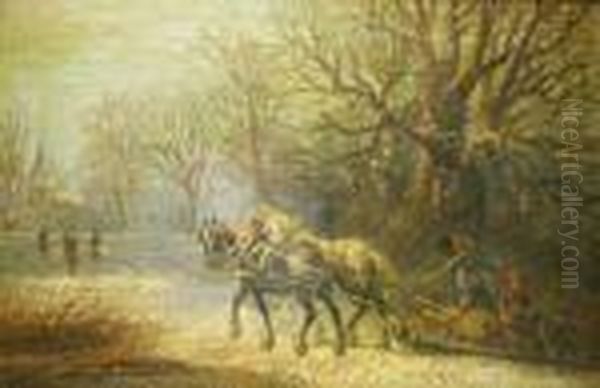 Thehorse-drawn Sled In A Snowy Landscape Oil Painting by Harden Sidney Melville