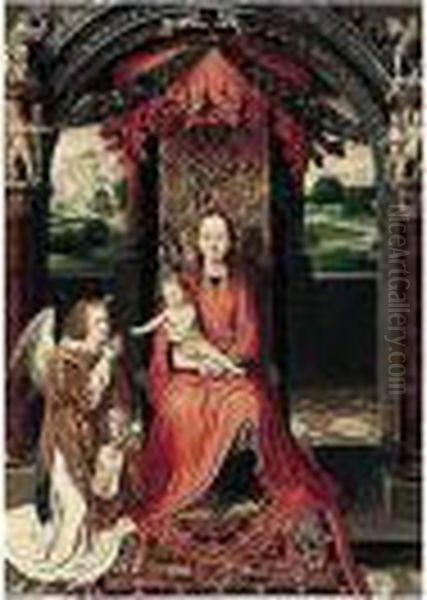 The Virgin And Child Enthroned, 
With An Angelic Musician Offering An Apple To The Christ Child Oil Painting by Hans Memling