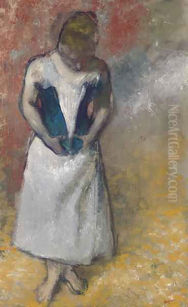 Femme debout et vue de face, agrafant son corset Oil Painting by Edgar Degas