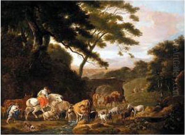 Landscape With Drovers Beside A Stream Oil Painting by Johann Heinrich Menken