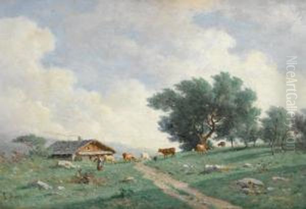 Kuhe Auf Der Weide Bei Chalet. Oil Painting by Louis Mennet