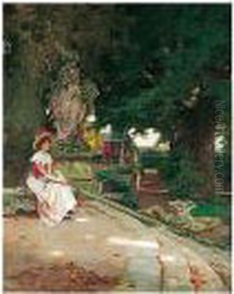 Dame Im Garten (woman In A Garden) Oil Painting by Wilhelm Menzler Casel