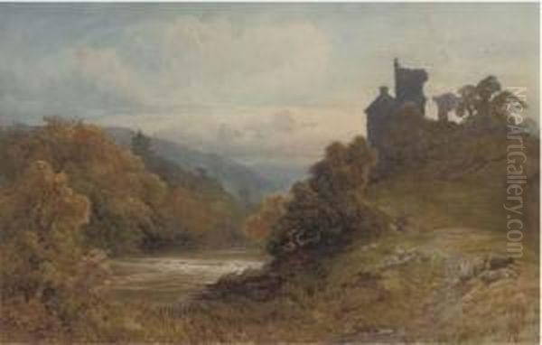 Sheep Grazing Above A River Landscape Oil Painting by Frederick Mercer