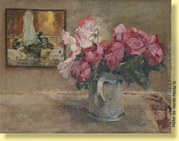 Composition Florale Sur Fond De Tableau Oil Painting by Jules Merckaert