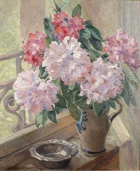 Still Life Of Flowers In A Vase With Pewter Bowl Oil Painting by Jules Merckaert