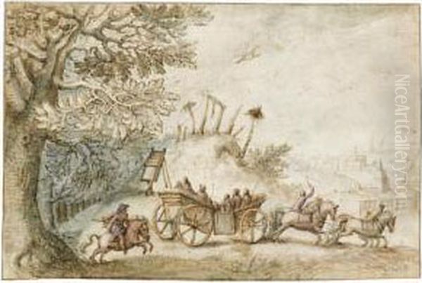 Landscape With A Coach And Four Driving From Woods Past A Gibbet, Towards A Town Oil Painting by Matthaus the Elder Merian