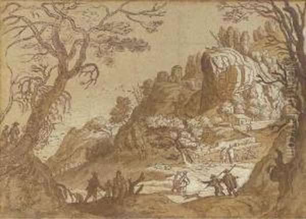 An Extensive Mountain Landscape 
Seen Through Trees, With Peasants And Their Flocks And Travellers On A 
Road Beyond Oil Painting by Matthaus the Elder Merian