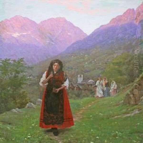 An Italian Mountain Scenery With Young Girls Oil Painting by Camillo Merlo