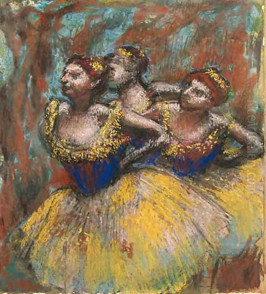 Trois Danseuses (Jupes Jaunes, Corsages Bleus) Oil Painting by Edgar Degas