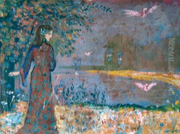 Femme Symboliste Au Bord Du Lac Oil Painting by Alexis Merodack-Jeanneau