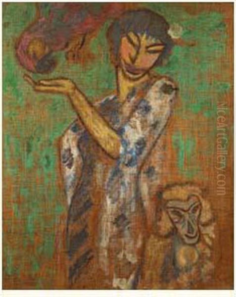 Merodack-jeaneau - - Femme Au Singe Et Au Perroquet Oil Painting by Alexis Merodack-Jeanneau