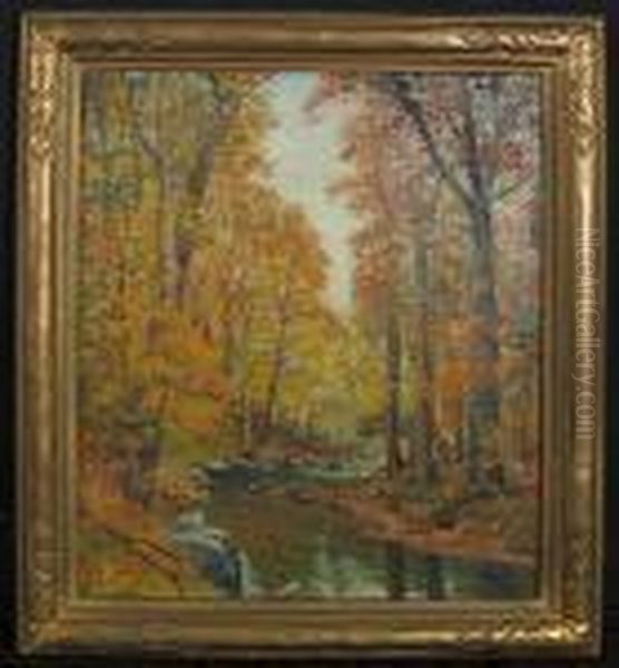 An Autumn River Scene Oil Painting by James Arthur Merriam