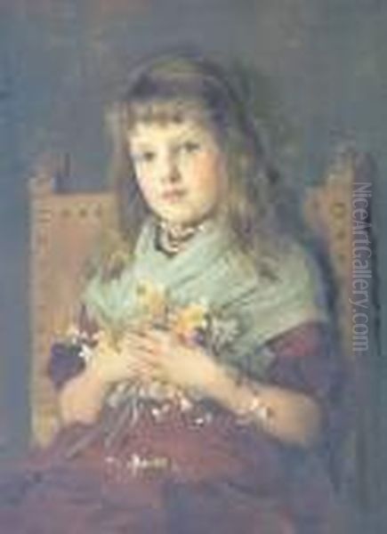 A Young Girl Clutching A Bunch Of Daffodils Oil Painting by Anna Massey Lea Merritt