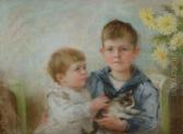 Boy And A Child With A Kitten Oil Painting by Anna Massey Lea Merritt