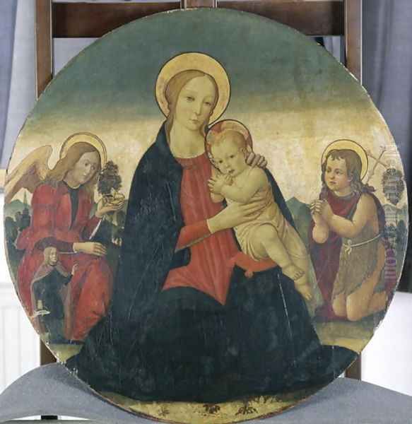 Madonna and Child with Archangel Raphael and St. John, c.1490 Oil Painting by Jacopo Del Sellaio