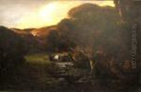 A Homestead Amongst The Oaks Oil Painting by Jules Mersfelder