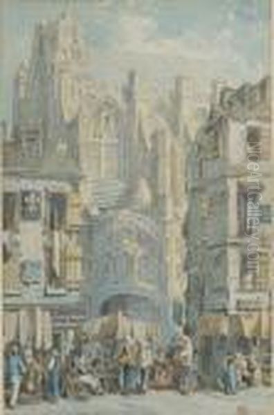 Market Scene With Cathedral Oil Painting by Luc-Olivier Merson