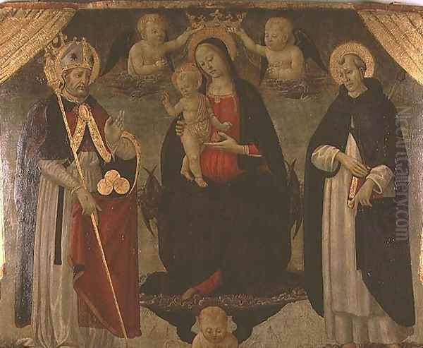 Madonna flanked by St. Nicholas and St. Peter Martyr Oil Painting by Jacopo Del Sellaio