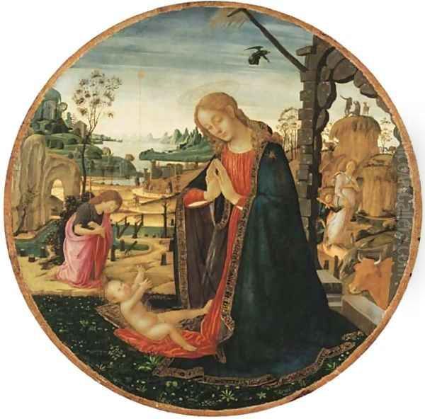 The Madonna and Child, the Youthful Saint John the Baptist and an Angel in a landscape beyond Oil Painting by Jacopo Del Sellaio