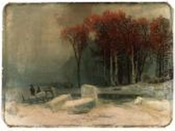 Ice-cutters In A Frozen Landscape Oil Painting by Arsenii Ivanovich Meshcherskii