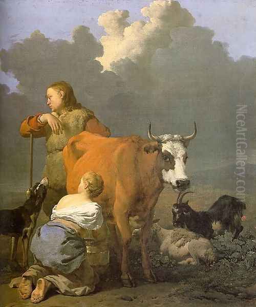 Woman Milking a Red Cow 1650s Oil Painting by Karel Dujardin