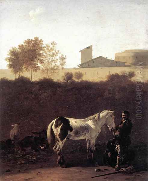 Italian Landscape with Herdsman and a Piebald Horse c. 1675 Oil Painting by Karel Dujardin