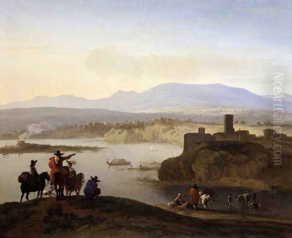 Italianate Landscape with Travellers on Horseback c. 1675 Oil Painting by Karel Dujardin