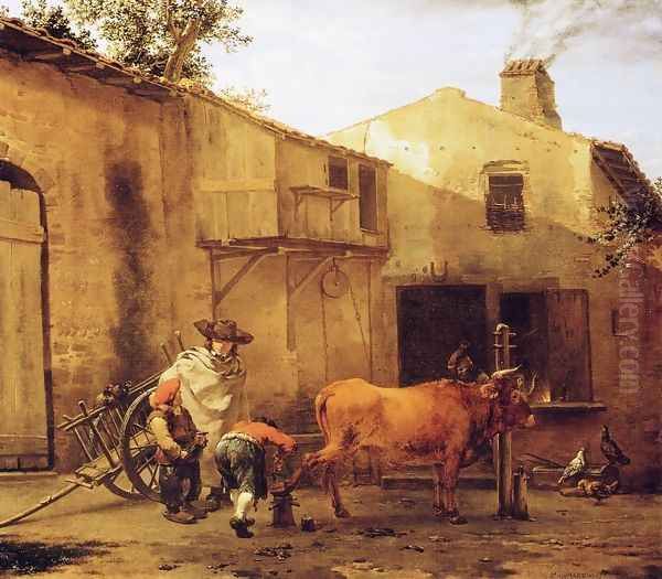 A Smith Shoeing an Ox Oil Painting by Karel Dujardin