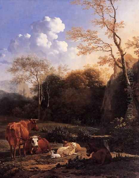 Cows and Sheep at a Stream Oil Painting by Karel Dujardin