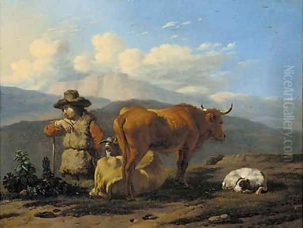 An Italianate landscape with a herdsman with cattle and a dog Oil Painting by Karel Dujardin