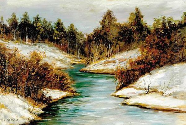 Snow Covered Riverbank Oil Painting by Willard Leroy Metcalf