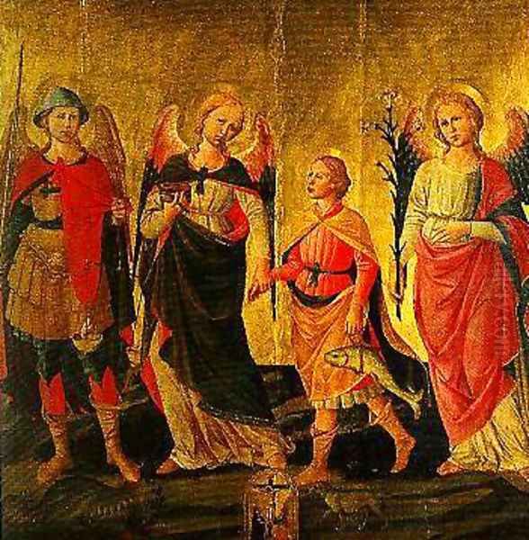 Tobias and the Three Archangels Oil Painting by Domenico Di Michelino