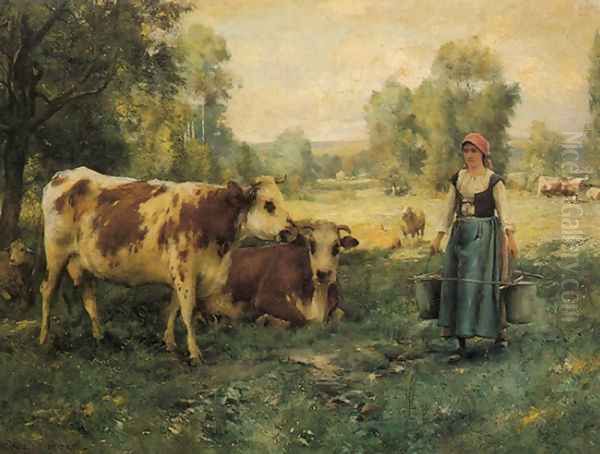 A Milk Maid With Cows And Sheep Oil Painting by Julien Dupre