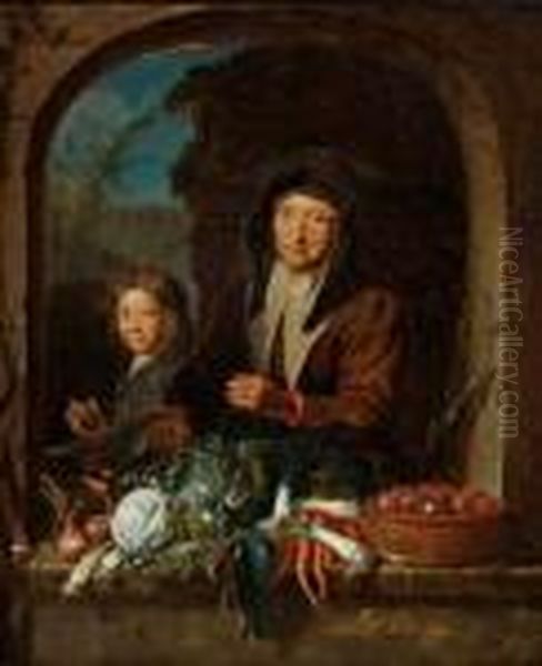 Gemuseverkauferin Mitkind Im Fenster Oil Painting by Gabriel Metsu