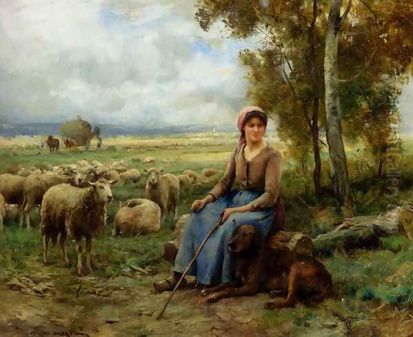 Shepherdess Watching Over Her Flock Oil Painting by Julien Dupre