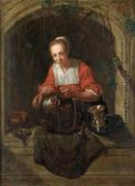 A Woman Standing At A Window Oil Painting by Gabriel Metsu