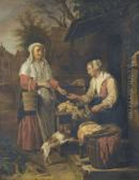 Geflugelhandlerin Mit Stehender Dame Oil Painting by Gabriel Metsu